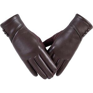 🆕Women's Brown Winter Leather Screen Wool Lined Windproof Warm Dress Gloves